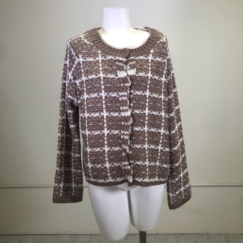 Michelle Nicole Taupe Windowpane Plaid Cardigan